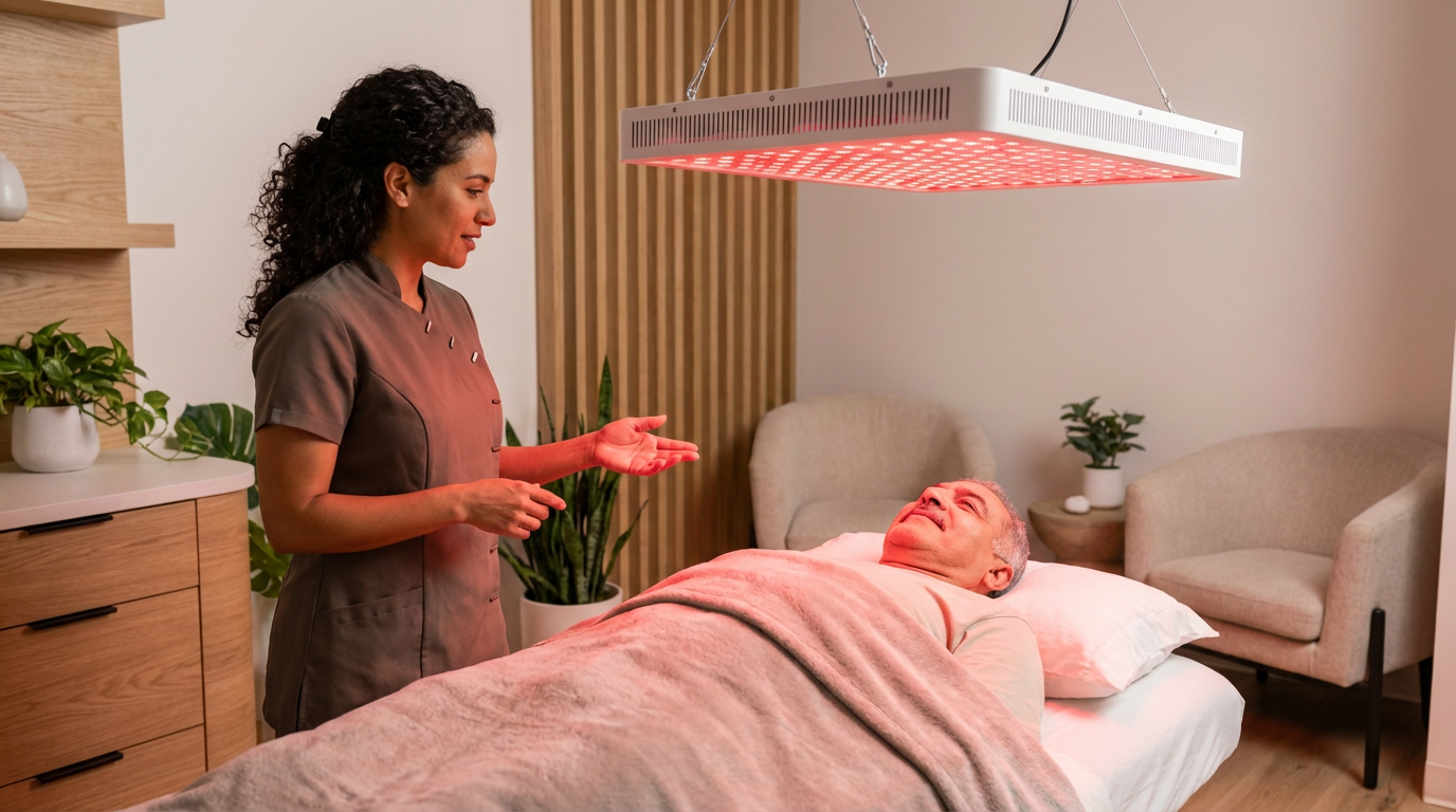 Red light therapy treatment session in professional medical spa setting